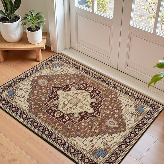 2x3 Mousse Brown Small Area Rug for Entryway, Soft Washable Rugs with Non-Slip Backing for Bedroom Kitchen, Vintage Throw Carpet Laundry Entry Front Door Decor