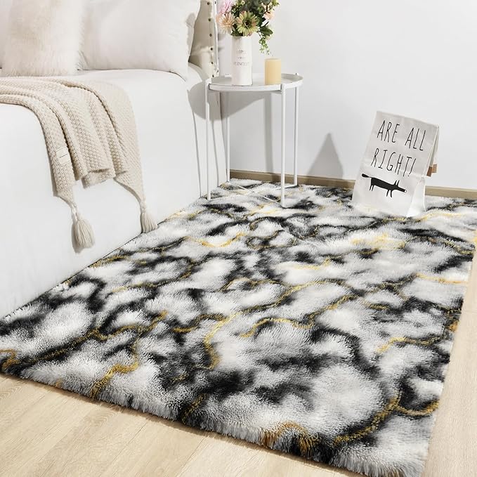 TWINNIS Super Soft Shaggy Rugs Fluffy Carpets, 8x10 Feet, Indoor Modern Plush Area Rugs for Living Room Bedroom Kids Room Nursery Home Decor, Upgrade Anti-Skid Rectangular Fuzzy Rug, Grey Gold