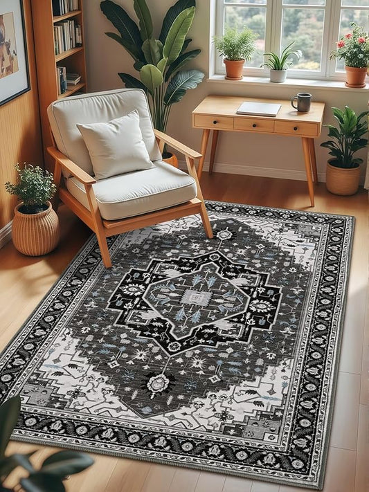 4x6 Black Grey Area Rug for Living Room, Machine Washable Rugs with Non-Slip Backing for Bedroom, Vintage Medallion Carpet Kitchen Laundry Kids Room Decor