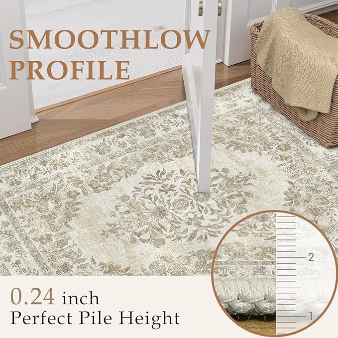 8x10 Area Rug Beige Washable Vintage Distressed Living Room Carpet Large Bedroom Indoor Medallion Floral Non Slip Retro Throw Floor Mat for Office Dining Room Kitchen Bathroom