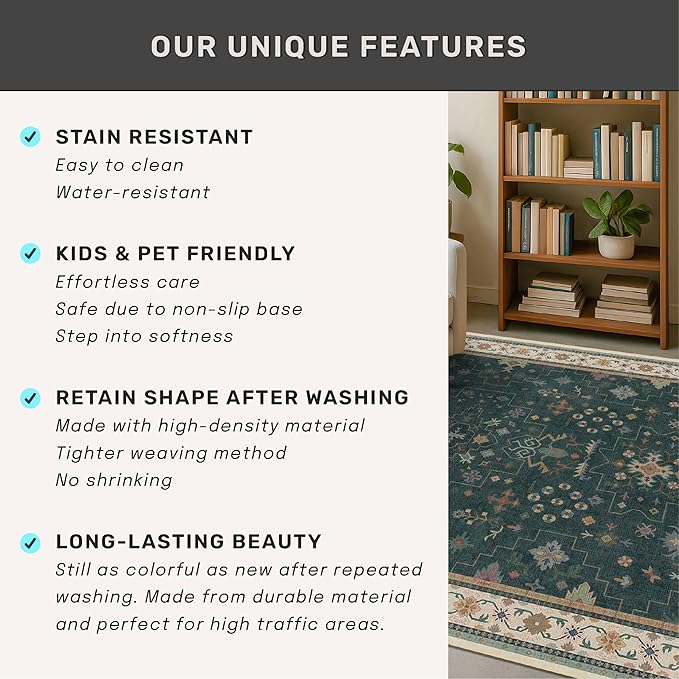 Vintage Dark Green 7x9 Dining Room Rugs for Under Kitchen Table - Washable Livinig Room Rug - Unique Floral Pastel Low Pile Non-Slip Area Rugs for Bedroom