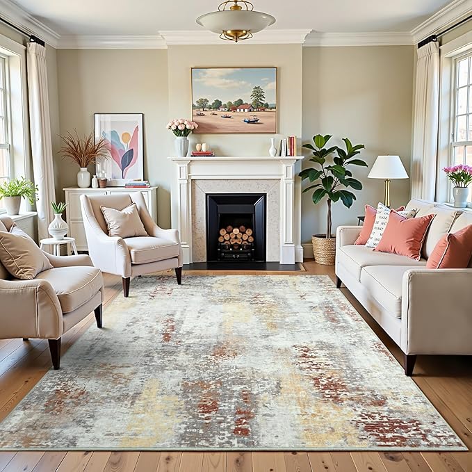 3x5 Washable Area Rug for Living Room Bedroom, Modern Abstract Non-Slip Rugs, Tan Low Pile Soft Stain Resistant Carpet for Dining Room, Kitchen, Office, Dorm, Bedside Decor