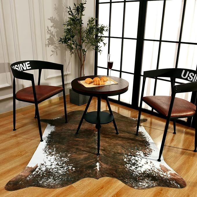 BENRON Faux Cowhide Rug, Western Cow Hide Rugs for Living Room Bedroom Home Decor, Non Slip Cute Rug with Irregular Animal Skins and Hides, Olive Green, 4.6 x 5.2ft