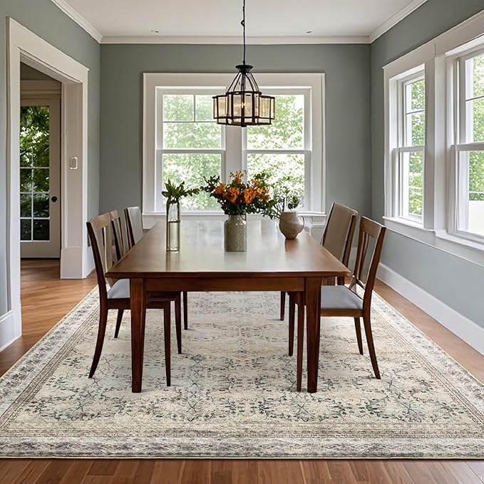 4x6 Area Rug for Bedroom Machine Washable, Non Slip Vintage Floral Kitchen Rugs for Dining Room, Rustic Indoor Floor Carpet for Nursery, Farmhouse, Office Classroom Beige/Pink/Orange