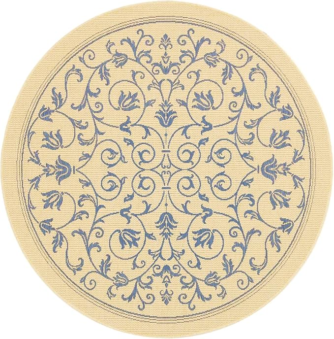 SAFAVIEH Courtyard Collection Area Rug - 7'1 Round, Natural & Blue, Scroll Design, Non-Shedding & Easy Care, Indoor/Outdoor & Washable-Ideal for Patio, Backyard, Mudroom (CY2098-3101)