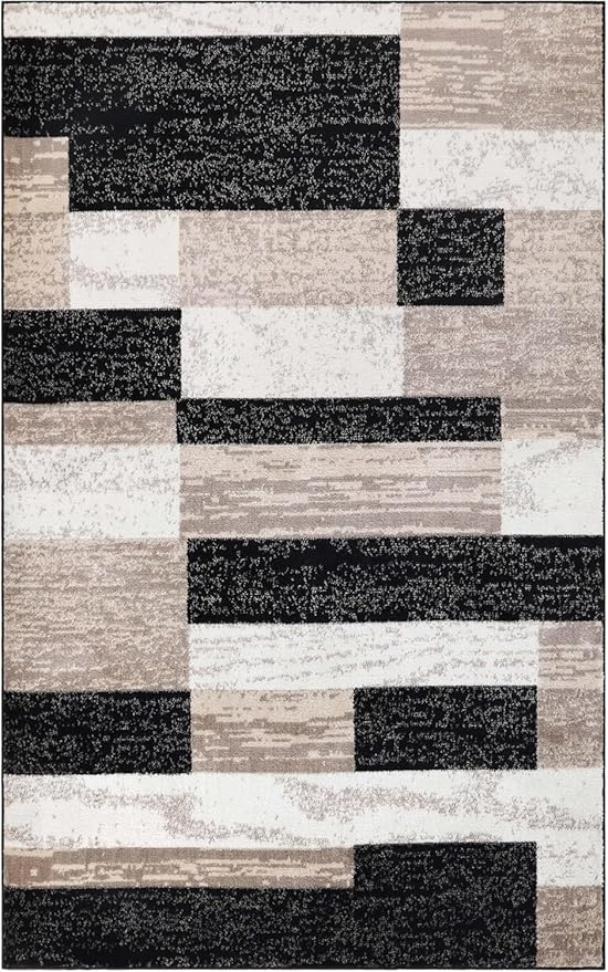 Superior Indoor Area Rug, Jute Backed, Modern Geometric Patchwork Floor Decor for Bedroom, Office, Living Room, Entryway, Kitchen, Hardwood Floors, Rockwood Collection, 9' x 12', Ivory-Beige
