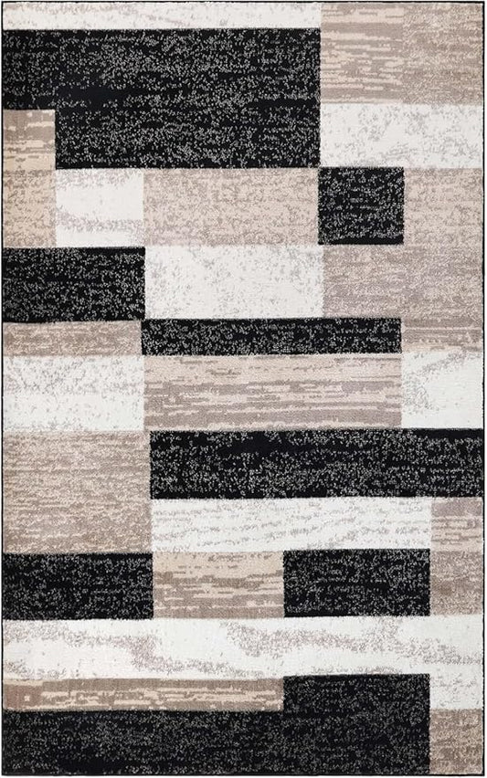 Superior Indoor Area Rug, Jute Backed, Modern Geometric Patchwork Floor Decor for Bedroom, Office, Living Room, Entryway, Kitchen, Hardwood Floors, Rockwood Collection, 9' x 12', Ivory-Beige
