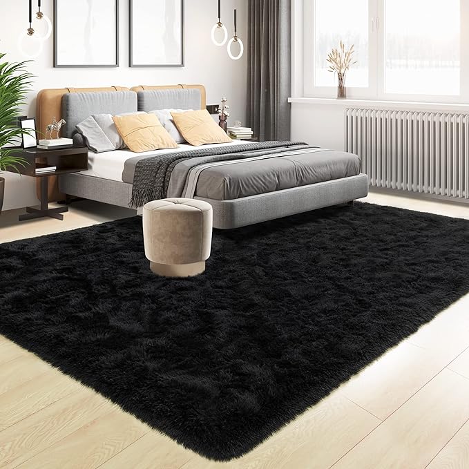Tepook Super Soft Fluffy Rugs for Bedroom, Shag 5x7 Area Rugs for Living Room, Modern Shaggy Rug Fuzzy Carpets for Kids, Plush Indoor Nursery Home Decor Rug with Non-Slip Bottom, Black