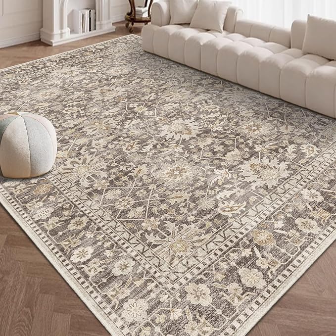9X12 Area Rugs Machine Washable Rugs for Living Room Bedroom Hallway, Non Slip Indoor Soft Accent Distressed Boho Vintage Print Lightweight Thin Low Pile Carpet (Coffee, 9x12)