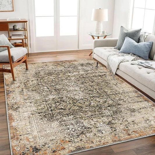 5'x7' Washable Area Rug Vintage Traditional Floor Cover Foldable Thin Kitchen Accent Indoor Distressed Non Slip Carpet Floral Print Mat for Bedroom Living Room Bathroom