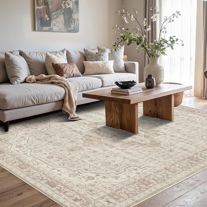 5X7 Washable Area Rug for Living Room, Vintage Neutral Large Boho Rugs for Office, Dining Room, Kids Room, Farmhouse, Durable Low Pile Non Slip Carpet for High Traffic Areas, Light, Cream