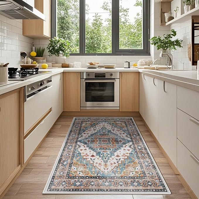 Washable Area Rugs, 3x5 Soft Non-Slip Soft Bedroom Living Room Accent Throw Boho Vintage Entry Floor Carpet for Dining Room Bathroom Entryway (Blue & Brown)