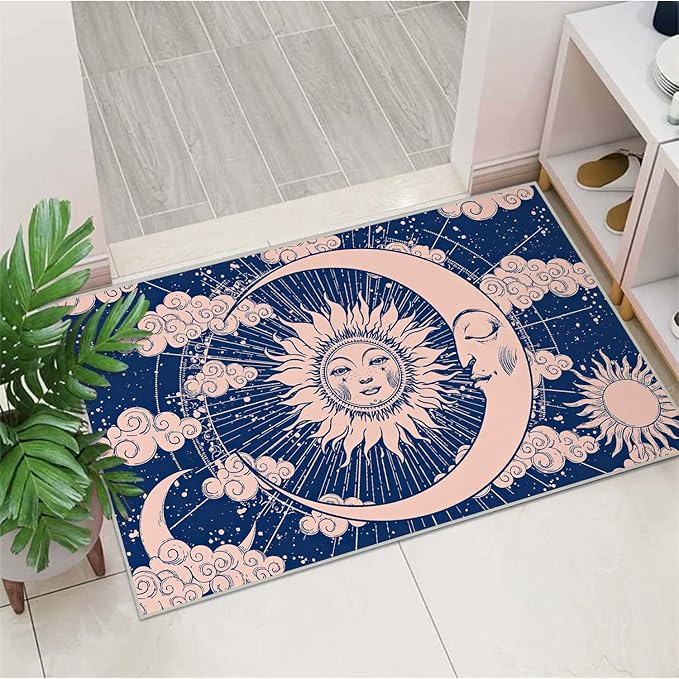 2x3 Entryway Rug Hippie Tarot Celestial Sun and Moon Navy Blue Area Rug Ultra-Thin Soft Small Carpet Bathroom Non Slip Indoor Entrance Low Pile Door Mat Kitchen Stain Resistant Washable Machine