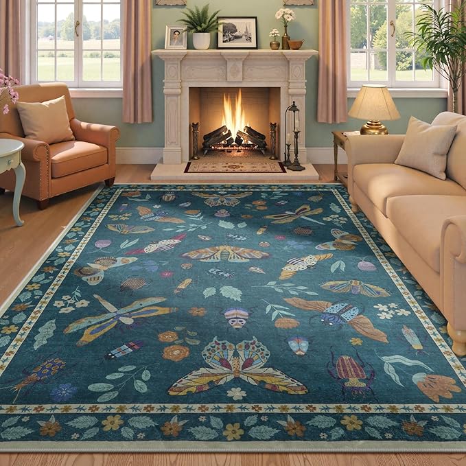 Beeiva Insect Print Area Rug 6x9, Washable Rugs for Living Room Non Slip, Soft Low Pile Ultra Thin Foldable Large Carpet for Office, Bedroom, Kids Room, Playroom - Dark Green