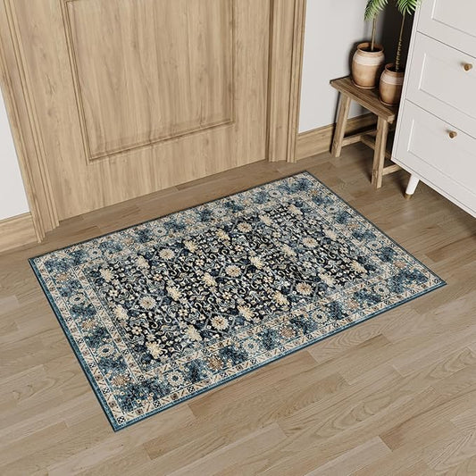 Dripex 2x3 Area Rugs, Machine Washable Non Slip Boho Rugs,Distressed Small Entryway Rug Doormat, No Pile Lightweight Vintage Rug, Floor Carpet for Front Entrance Kitchen Bathroom,Navy Blue and Multi