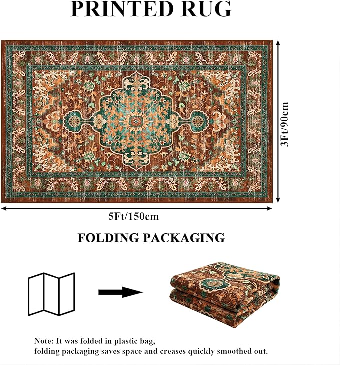 U'Artlines Boho Vintage Area Rug 3x5 Machine Washable Low Pile Ultra-Thin Soft Floor Carpet Non Slip Non Shedding Accent Rug for Living Room Bedroom Entryway Dining Room Office Rust＆Teal