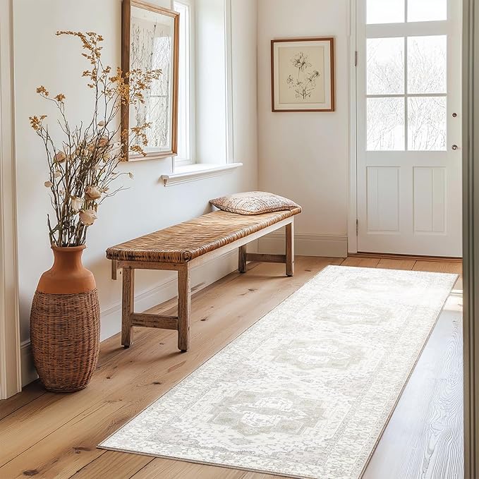 Washable 2x10 Area Rugs, Rugs for Living Room, Low-Pile Water&Stain Resistant Carpet Vintage Distressed Printed Non-Slip Carpet for Bedroom Bathroom Kitchen-Ivory