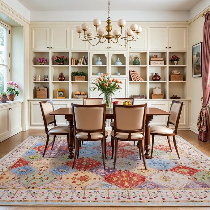 5x7 Washable Area Rug for Living Room, Boho Non-Slip Bedroom Rugs, Moroccan Floral Trellis Carpet Soft Low Pile Accent Indoor Mat for Kitchen Laundry Room Nursery, Cream