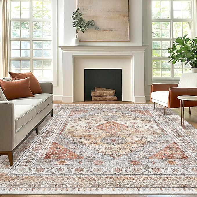 Oversized Rug for Living Room-Machine Washable Area Rugs 9'x12' for Bedroom, Non-Shedding Faux Wool Vintage Design Boho Low Pile Mat Rugs,Stain Resistant Rugs with Non-Slip Backing（Light Color）