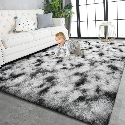 TWINNIS Super Soft Shaggy Rugs Fluffy Carpets, 4x5.9 Feet, Indoor Modern Plush Area Rugs for Living Room Bedroom Kids Room Nursery Home Decor, Upgrade Anti-Skid Rectangular Fuzzy Rug, Black and White