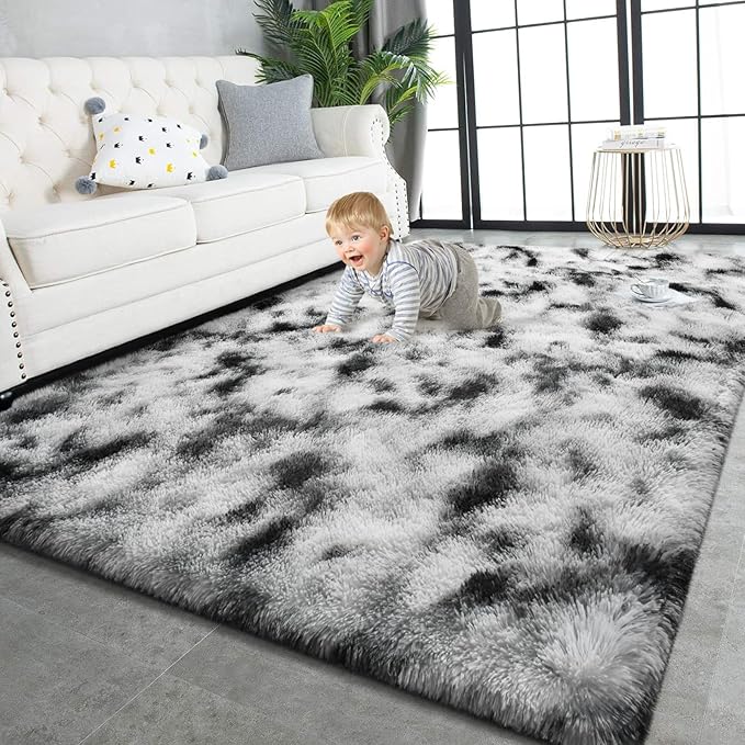 TWINNIS Super Soft Shaggy Rugs Fluffy Carpets, 6x9 Feet, Indoor Modern Plush Area Rugs for Living Room Bedroom Kids Room Nursery Home Decor, Upgrade Anti-Skid Rectangular Fuzzy Rug, Black and White