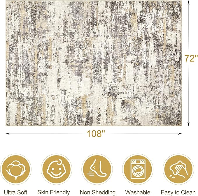 Area Rugs for Living Room: 6x9 Abstract Washable Rug Modern Neutral Large Soft Stain Resistant Non-Slip Backing Machine Table for Bedroom Dining Room Indoor Home Office Carpet - Gold Brown
