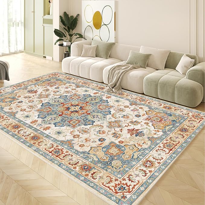 Yancorp 6'x9' Large Area Rug for Livingroom Non Slip Big Rug Washable Area Rug for Bedroom Ultra Soft Foldable, Vintage Carpet Stain Resistant Rugs Blue Red
