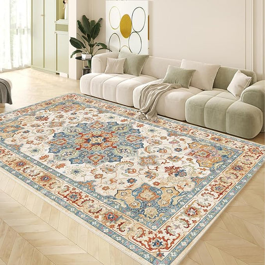 Yancorp 6'x9' Large Area Rug for Livingroom Non Slip Big Rug Washable Area Rug for Bedroom Ultra Soft Foldable, Vintage Carpet Stain Resistant Rugs Blue Red