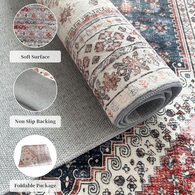 Rug for Living Room-Washable Area Rugs 5'x7' for Bedroom,Ultra-Soft Non-Shedding Faux Wool Vintage Design Boho Low Pile Mat Throw Carpet,Stain Resistant Rugs with Non-Slip Backing
