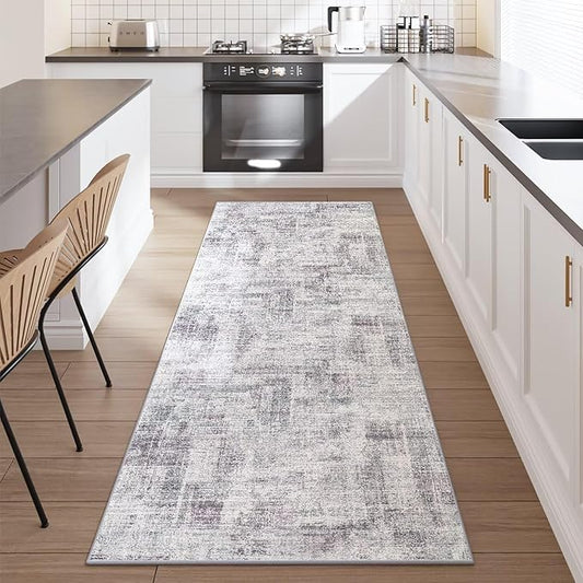 Eleisa Modern Abstract 2x8 Hallway Runner Rug, Purple & Grey, Non-Slip Washable Low Pile Rugs, Vintage Rug Hallway Indoor Carpet for Kitchen, Entryway and Laundry Room