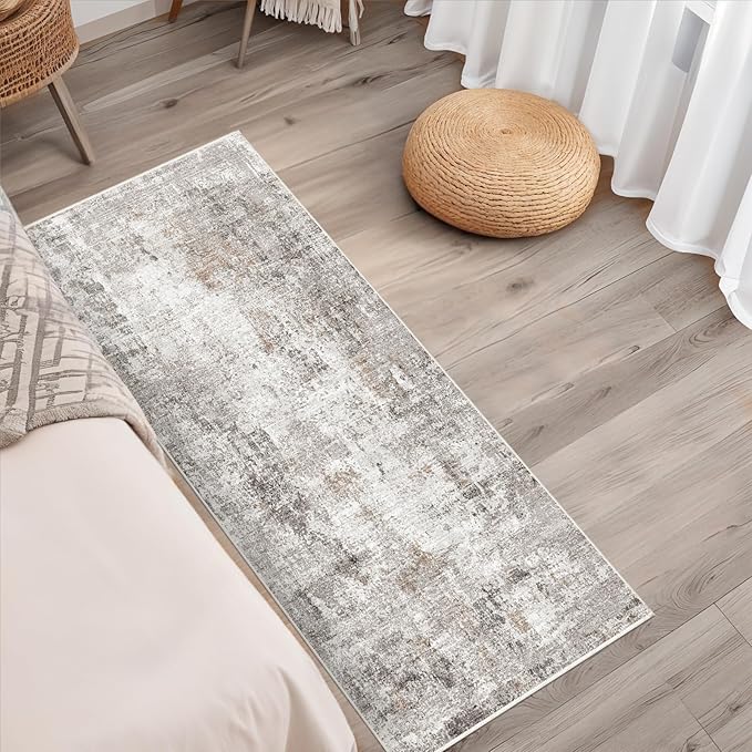 2x5 Non-Slip Washable Runner Rug – Modern Neutral Abstract Small Rug for Hallway, Kitchen, Bathroom, Bedroom, Entryway, Laundry Room – Thin Soft Low-Pile Rubber Backing (Beige/Grey)
