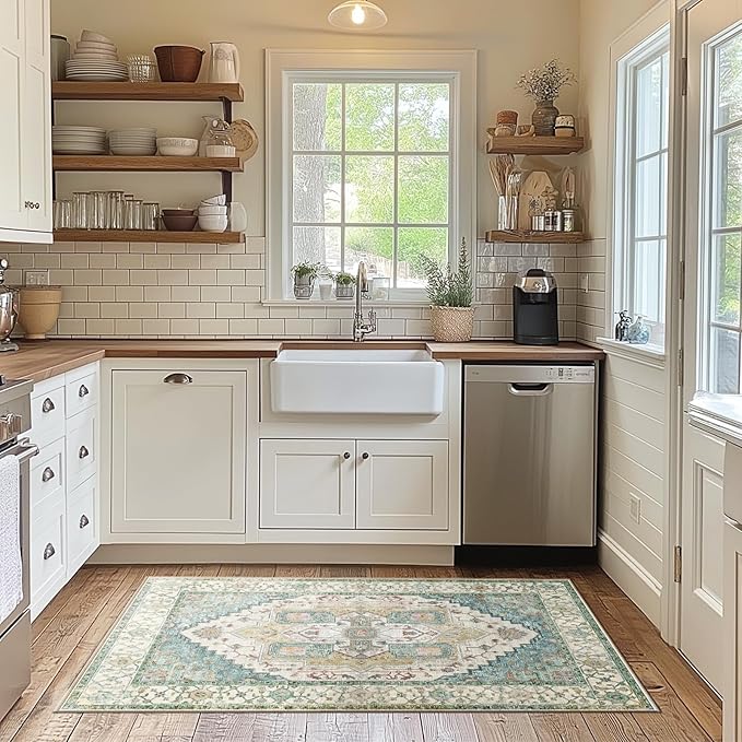 Washable 2x3 Area Rugs, Rugs for Living Room, Low-Pile Water&Stain Resistant Carpet Vintage Distressed Printed Non-Slip Carpet for Bedroom Bathroom Kitchen-Grass Green