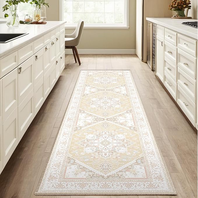 BESTSWEETIE 2x8 Area Rugs for Living Room Washable Non Slip Carpet Low Pile Soft Vintage Print Pattern Rug for Bedroom Dining Room Kitchen Entryway Indoor-Cream/Light Yellow/Brown/Blue/Red/Pink
