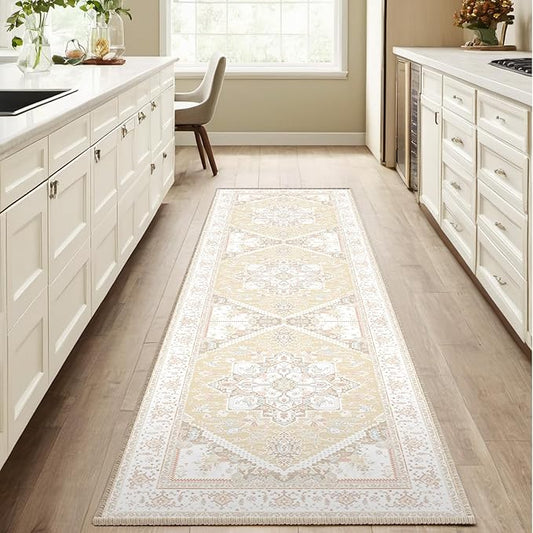 BESTSWEETIE 2x8 Area Rugs for Living Room Washable Non Slip Carpet Low Pile Soft Vintage Print Pattern Rug for Bedroom Dining Room Kitchen Entryway Indoor-Cream/Light Yellow/Brown/Blue/Red/Pink