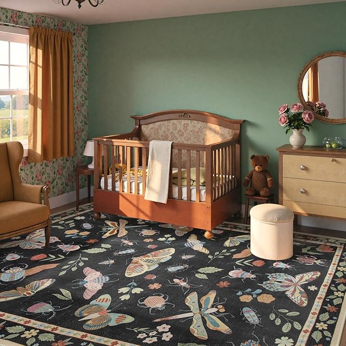 Beeiva Insect Print Rug 8x10, Washable Throw Rugs for Bedroom Under Bed, Boho Non Slip Low Pile Ultra Thin Foldable Large Carpet for Office, Kids Room, Playroom, Living Room - Black