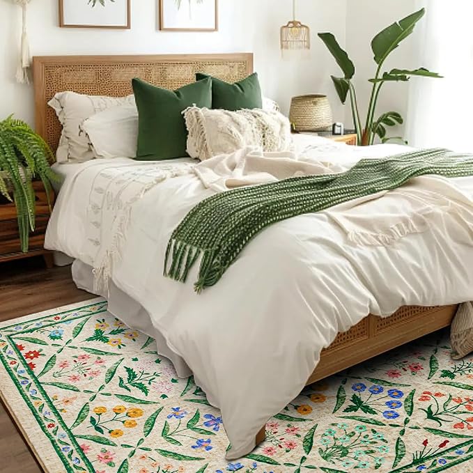 Vintage Floral Entryway Rug Washable, Thin Pile Oriental Distressed 5x7 Indoor Carpet Stain Resistant, Country Boho Flowers Cute Green Area Rug for Bedroom Dining Living Room Kitchen Nursery Dorm