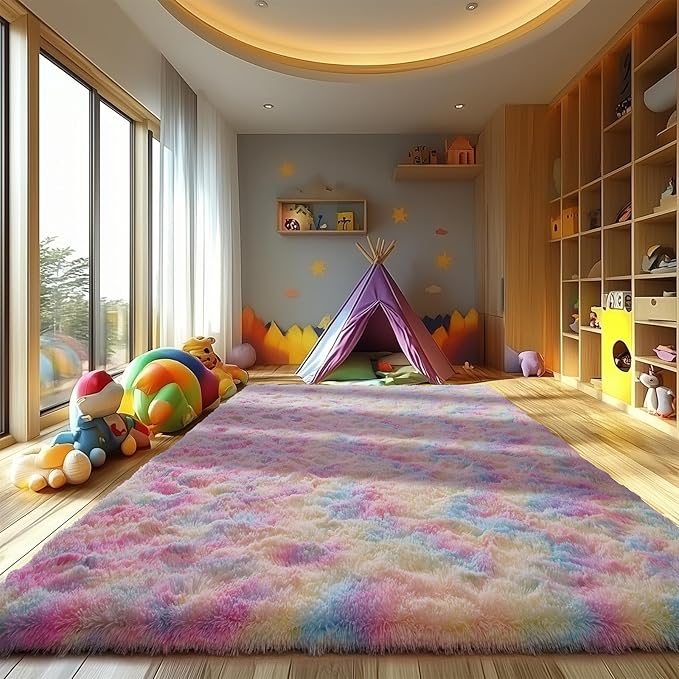 Zentavio Unicorn Rugs for Girls Room 8x10 Area Rugs for Living Room Carpet for Bedroom Washable Soft Fluffy Shag Aesthetic Plush High Pile Rug for Nursery Kids Room Dorm Room Rainbow