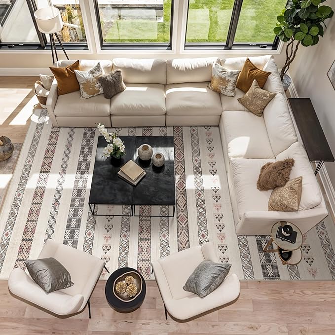 10x14 Washable Area Rug: Moroccan Large Neutral Boho Area Rug for Living Room & Bedroom Geometric Non-Slip Farmhouse Carpet for Living Room Beige Colourful 10'x14'.