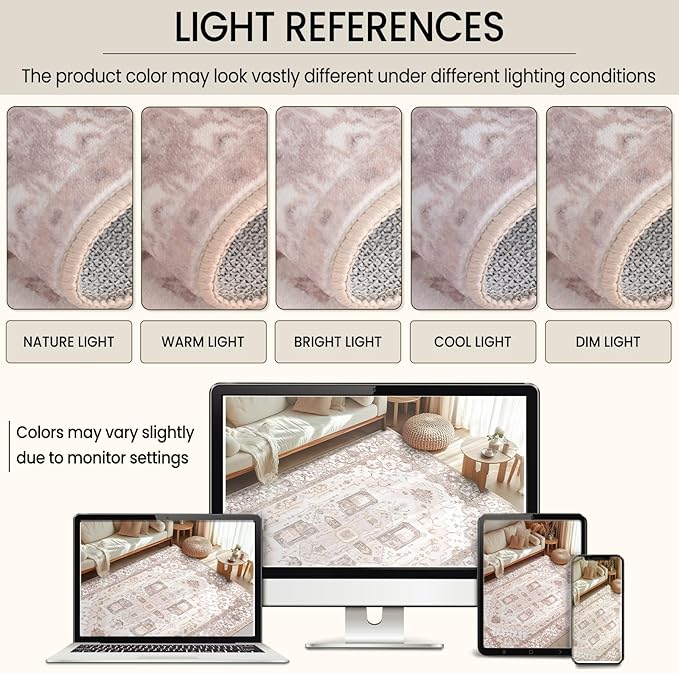 Washable 6x9 Area Rugs, Rugs for Living Room, Low-Pile Water&Stain Resistant Carpet Vintage Distressed Printed Non-Slip Carpet for Bedroom Bathroom Kitchen-Pink