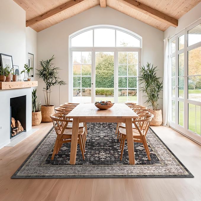 Black Boho Rug for Living Room 9x12 - Washable Dining Room Rugs for Under Table, Vintage Soft Low Pile Carpet for Bedroom, Non-Slip Farmhouse Bohemian Large Tumble Rug for High Traffic Area