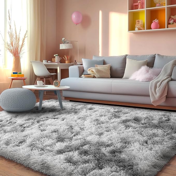 Ultra Soft Fluffy Rugs for Bedroom, Anti-Skid Indoor Carpet Nursery Rugs for Kids Room Home Decor, Rectangular Fuzzy Rug Tie-Dyed Light Grey 4x6 Feet