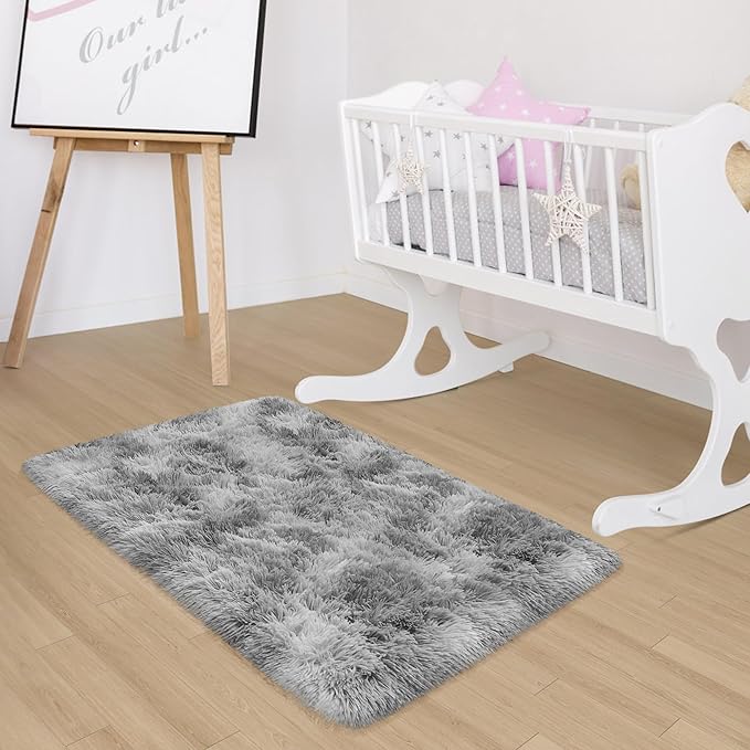 2x3 ft Shaggy Tie Dyed Grey Rug Small,Fluffy Furry Area Rugs for Living Room Door Entryway Indoor Inside Front Entrance Dog Mat Anti Skid Extra Comfy Fuzzy Floor Carpet for Home Decorative