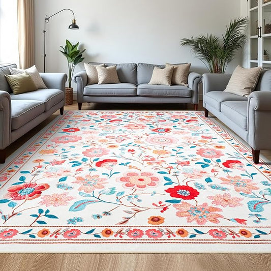 Area Rugs for Living Room 9x12 Non-Slip Carpet Washable Boho Rug Vintage Low Pile Carpet Print Home Rugs for Bedroom Kids Room Playroom Dining Room Home Office Farmhouse,Khaki