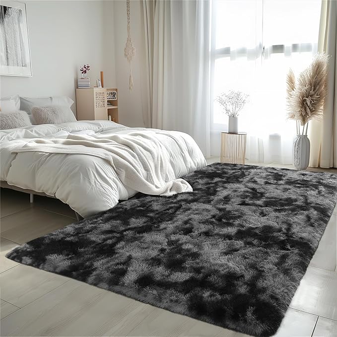 Zentavio Black and Grey Area Rugs for Living Room Large Men Room Carpet 9x12 Bedroom Fluffy Furry Shag Aesthetic Plush High Pile Floor Rug for Kids Room Dorm Home Decor Gray
