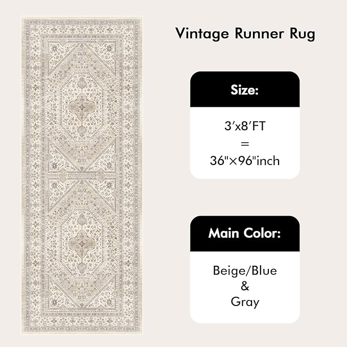 3x8 Runner Rug for Hallway Washable: Non Slip Kitchen Rugs with Rubber Backing Soft Waterproof Mats Stain Resistant Indoor Vintage Carpet Runner for Bedroom Bathroom Laundry Entryway Beige/Gray