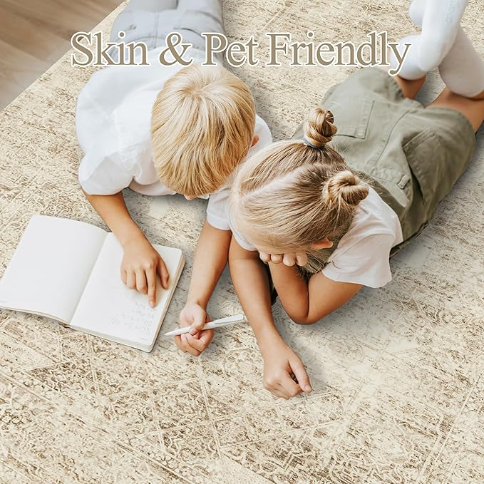 Washable Area Rug 8x10, Large Soft Rugs for Living Room Vintage 8x10 Area Rugs for Bedroom Dining Room Floral Non-Slip Thin Brown Rug