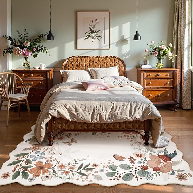 Beeiva 5x7 Floral Rug for Living Room, Washable Area Rug for Bedroom, Ultra Thin Low Pile Large Carpet for Dining Room, Playroom or Nursery - Beige