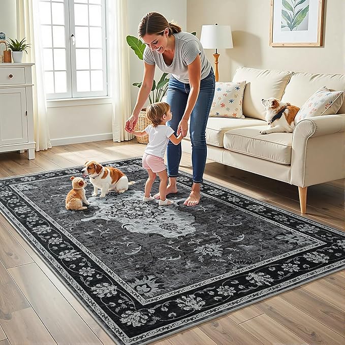 Vasofe 4x6 Area Rugs for Living Room, Machine Washable Low-Pile Carpet Rug for Bedroom, Vintage Floral Print Indoor Floor Rug for Dining Room Office Nursery Dorm Kids Room Bedside Decor, Black/Grey