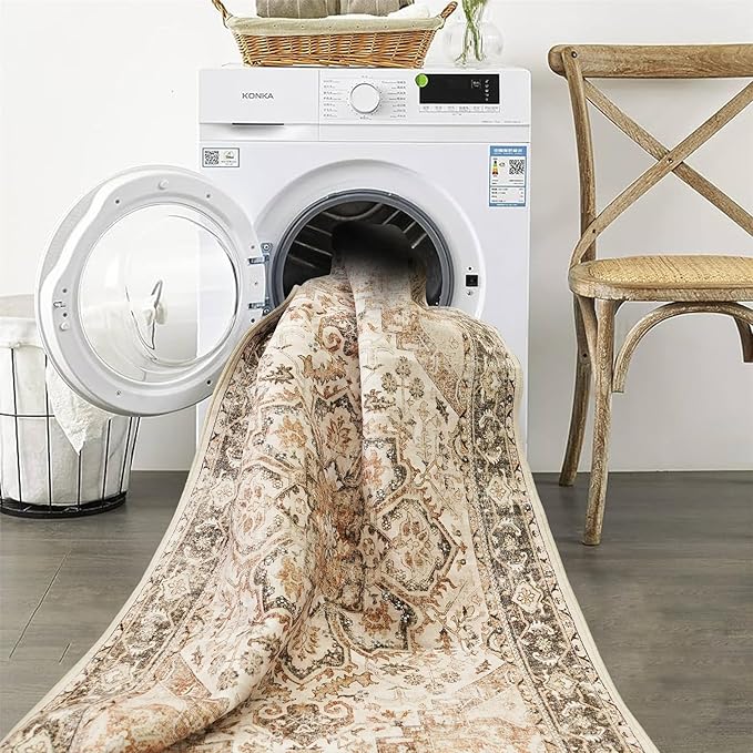 Washable Area Rug Vintage - Living Room Farmhouse Oriental Rug 5x8 Distressed Non-Slip Stain Resistant Carpet for Bedroom Dining Room Home Office (5x8 Beige/Brown)