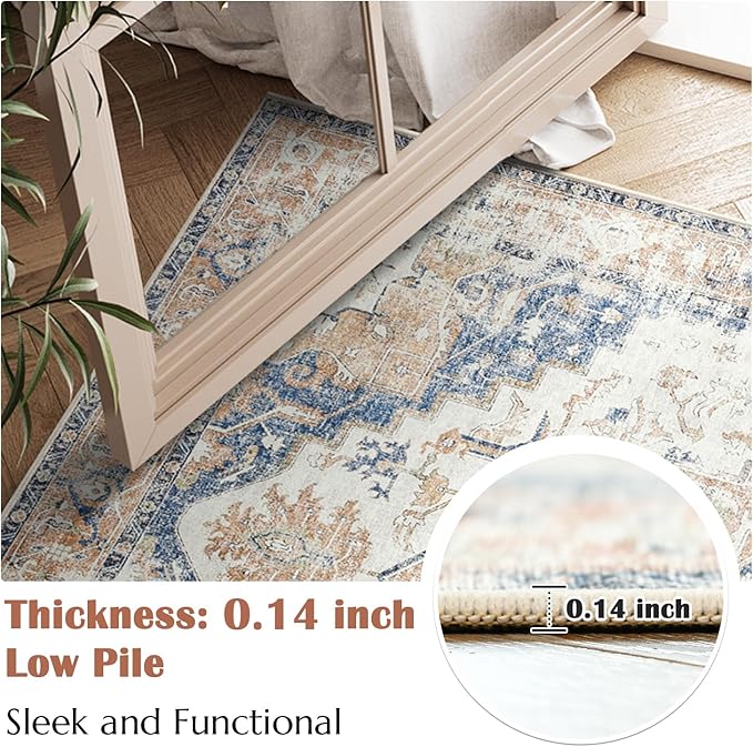 jinchan Runner Rug 3x10 Vintage Hallway Rug Kitchen Washable Runner Retro Floor Cover Lightweight Non-Slip Low Pile Thin Distressed Carpet for Entryway Bathroom Laundry Room Bedroom Stairway Orange